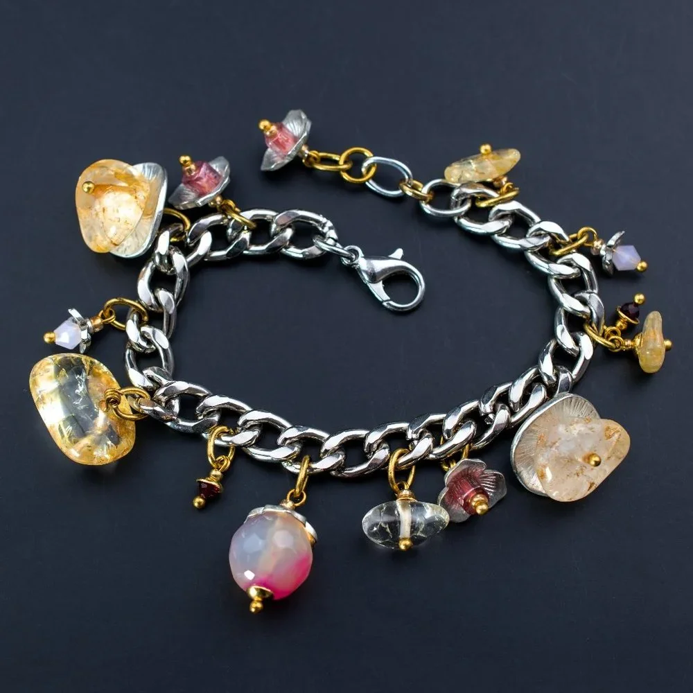 Chunky colorful charm silver chain bracelet, pink gemstone bead dangle bracelet